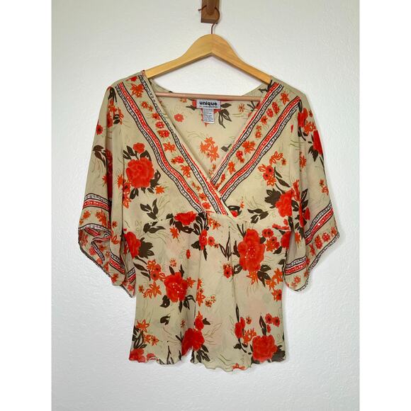 Vintage Y2K Unique Floral Wrap Butterfly Sleeve Top Size Large Boho - Picture 1 of 5
